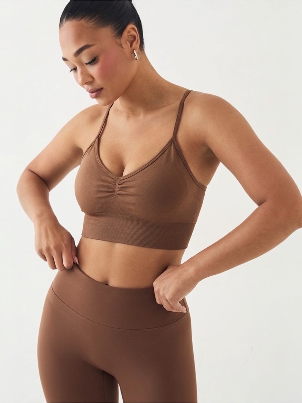 PrettyLittleThing PLT Sport Seamless Ruched Strappy Sports Bra Brown Size XS